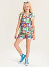 Conjunto Verão Menina Azul Cropped Com Babado e Shorts Florzinhas Retrô