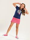 Conjunto Verão Menina Marinho Blusa Com Laço e Shorts Saia Flores e Listras
