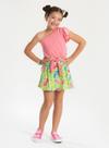 Conjunto Verão Menina Rosa Cropped um Ombro Só e Shorts Saia com Faixa Borboletas