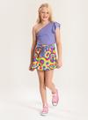 Conjunto Verão Menina Roxo Cropped um Ombro e Shorts Saia com Faixa Conjunto Verão Menina Roxo Cropped um Ombro e Shorts Saia com Faixa