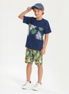 Conjunto Verão Menino Marinho Camiseta e Bermuda Folhagens e Dinossauros