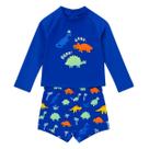 Conjunto Verão Moda Praia Infantil Menino Camiseta UV Sunga Boxer Dinossauros