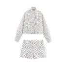 Conjunto Vintage Feminino Com Estampa De Poá, Jaqueta De Manga Longa Com Gola Alta E Shorts Em A,