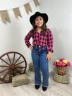 Conjunto Xadrez Infantil Blusa Flanela e Calça Jeans Flare Moda Menina Country Inverno