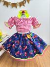 Conjunto Xadrez Junino Infantil Vermelho Azul Floral Cropped Saia Festa Junina Caipira Quadrilha