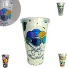 Copo 500ml C/ Tampa E Canudo Acrílico Estampas Cores Cristal Copo 500ml C/ Tampa E Canudo Acrílico Estampas Cores Cristal