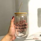 Copo de Café com Tampa de Bambú C/ Canudo de Vidro 470ml Frases Motivacionais