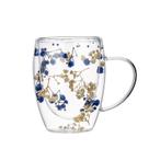 Copo de vidro elegante com design floral azul e branco 350ml