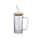 Copo de Vidro Quadrado Graffiato com Tampa Hermética de Bambu e Canudo Para Drinks