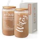 Copo de vidro SANDJEST Wifey 473ml com tampa de bambu Straw