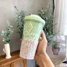 Copo para bebidas com canudo 550 ml verde com bolinhas