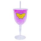 Copo Taça Com Canudo Gel Rosa Logo Mulher Maravilha - 300ml