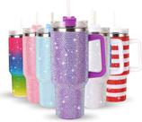 Copo Térmico 1200ml Com Strass Brilhante Com Alça Tampa E Canudo
