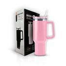 Copo Térmico a Vácuo com Canudo Cinza Grande Rosa 1200ml