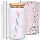 Copo Tumbler de Vidro BIPEDS com Tampa de Laço Rosa e Conjunto de Canudos