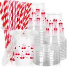 Copos de plástico FYSUIMU Cherry Bow 350ml com tampas e canudos x50