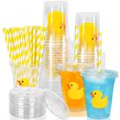 Copos de plástico Whaline, 50 unidades de pato amarelo, 12 onças com tampas e canudos
