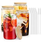 Copos de Vidro Sungwoo 4 unid. com Tampas e Canudos de Bambu 500ml Transparente