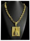 Cordão 12mm cadeado + nossa senhora cravejado banhado a ouro