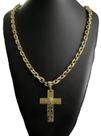 Cordão cadeado 12mm + pingente cruz pai nosso banhado a ouro