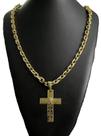 Cordão cadeado 12mm + pingente cruz pai nosso banhado a ouro