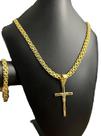 Cordão e Pulseira Cadeado Duplo+Pingente Cruz Banhado a ouro