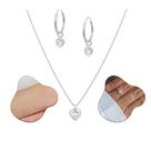 Cordão E Pulseira Feminina Ponto Luz Coração + Brincos Argola E Anel Solitário Em Prata Legítima