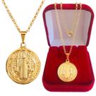 Cordão Portuguesa Pingente Medalha de São Bento Banhado a Ouro 18k + Caixinha Porta Joia e Garantia
