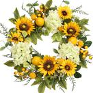 Coroa de girassol Pudate com hortênsias, limões e frutos silvestres de 56cm
