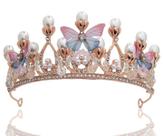 Coroa tiara com borboletas e perolas dourada, rosa e azul