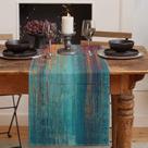 Corredor de mesa Emvency azul e laranja vintage 33x183cm de linho