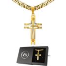 Corrente banhada ouro aço + pingente cruz dourado + caixa qualidade premium corrente grumet casual presente original