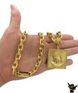 Corrente Cadeado 12mm + Pingente Rosto Cristo Banhado a Ouro