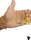 Corrente Cadeado 3mm + Pulseira + Pingente - Banhado a Ouro
