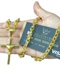 Corrente Cadeado 8mm + Pingente Cruz Fio - Banhado a Ouro