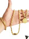 Corrente Cadeado 8mm + Pulseira + Pingente - Banhado a Ouro