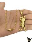 Corrente Cadeado Alongado 3mm Pingente Jaguar Banhado a Ouro