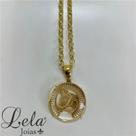 Corrente com ole portugues com pingente redondo cristal com imagem de cavalo folheado a ouro