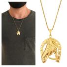 Corrente Cordão Veneziana 60 cm Masculina Pingente Cavalo Ferradura Peão Banhado a Ouro 18k