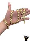 Corrente Friso S 12mm + Pulseira + Pingente Cruz - Banhado a Ouro 18k