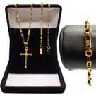 Corrente Masculina ouro 18K banhada Cordão 60cm Tijolinho Cruz + Pulseira
