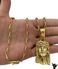 Corrente Meia Cana 5mm Pingente Rosto Cristo Banhado a Ouro