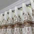 Cortina Branca / Ouro / Marrom Voil Gaze De Linho Bordado Guipir Com Forro Leve Microfibra 4,00x1,80