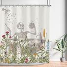 Cortina de chuveiro Lghtyro Funny Skull Halloween Wildflower, conjunto de banheiro, 60 L x 71 A polegadas, esqueleto gótico, folhas rústicas florais na banheira, acessórios de banho, tecido assustador, cool art, decoração de casa, pacote com 12 ganchos