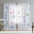 Cortina de janela Fereyis Floral Leaves 160x160cm 2 painéis azul rosa