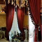 Cortina Helen Curtain Luxury Poms Velvet, 2 painéis, cor de vinho