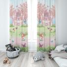 Cortina Tecido Oxford Quarto Infantil Castelo Rosa Jardim Aquarela - 140x220cm
