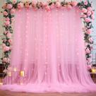 Cortinas de fundo Suppromo rosa de tule com luzes 3x2,4m