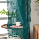 Cortinas WAZZIO Teal Sheer 214 cm, algodão boho, renda de crochê