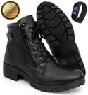 Coturno Bota Militar Preto Feminina Tratorada Preto Elegante Confortável + Relógio Digital